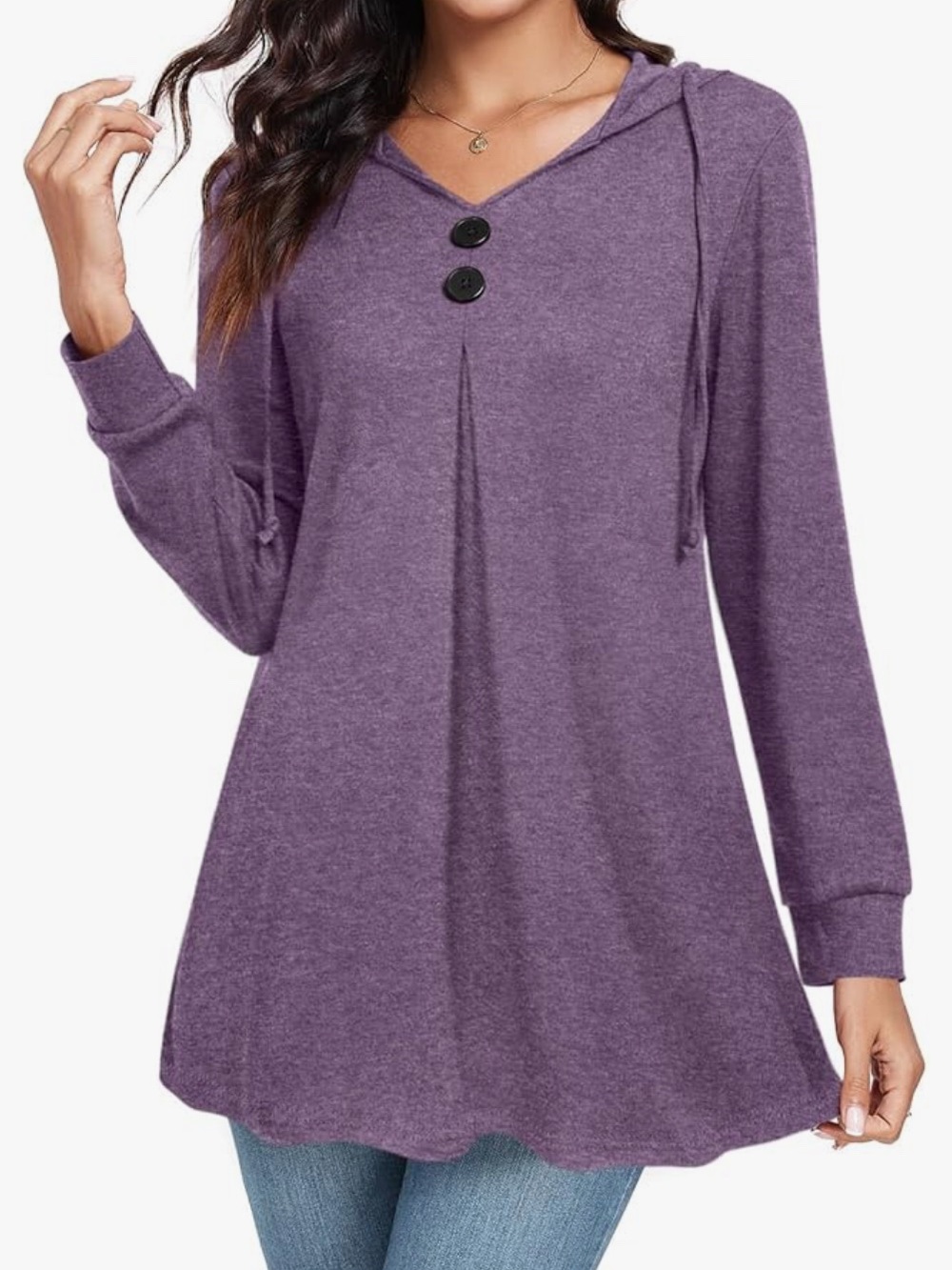 Women’s Purple Hooded Long-Sleeve Tunic with Button Detail